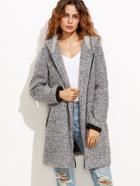 Romwe Heather Grey Hooded Zip Front Fluffy Fleece Coat