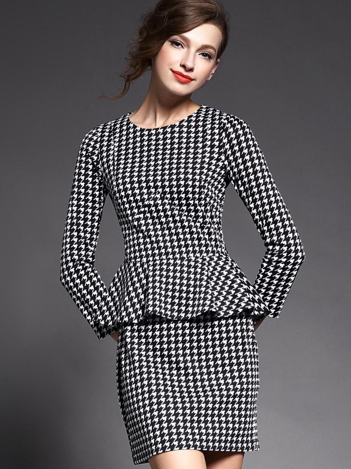 Romwe Black Round Neck Long Sleeve Ruffle Houndstooth Dress
