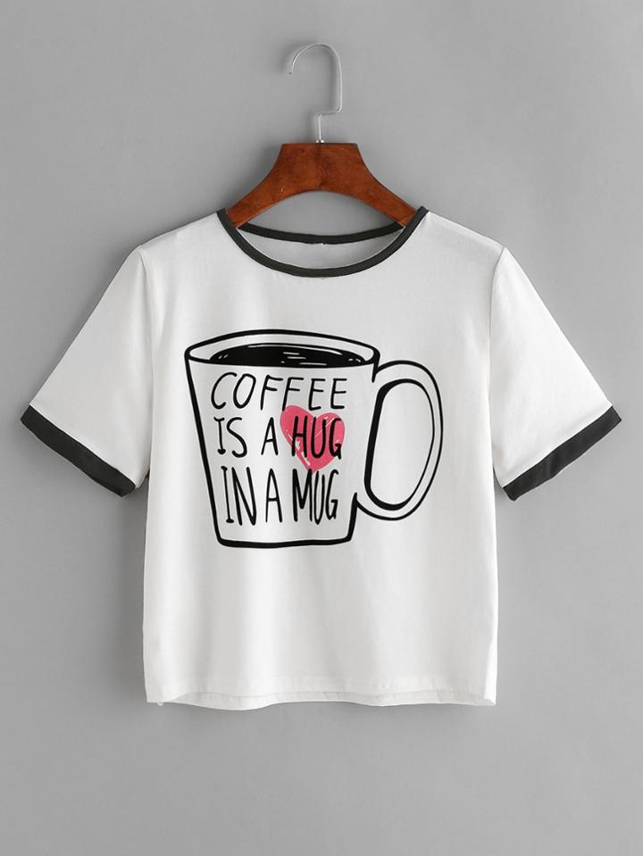 Romwe Contrast Trim Coffee Print T-shirt