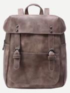 Romwe Khaki Double Buckled Strap Distressed Flap Backpack
