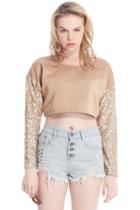 Romwe Romwe Sequined Long-sleeved Khaki Cropped T-shirt