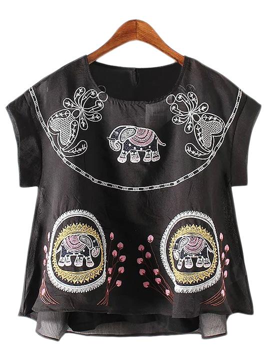 Romwe Black Elephant Embroidery Organza Blouse With Strap