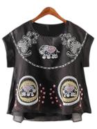 Romwe Black Elephant Embroidery Organza Blouse With Strap