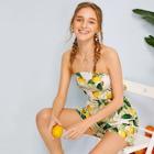 Romwe Lemon Print Tie Back Peekaboo Tube Romper