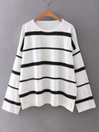 Romwe White Round Neck Stripe Sweater