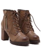 Romwe Brown Lace Up Zipper Chunky Boots