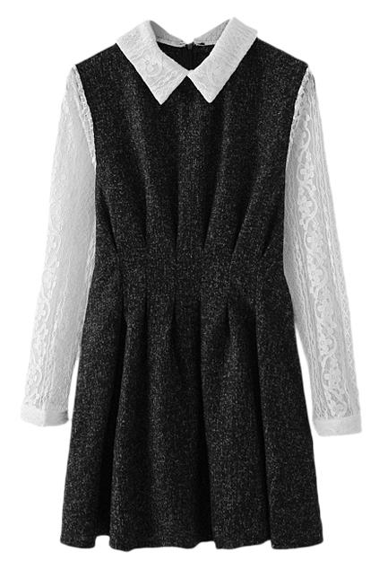 Romwe Pleated Lace Panel Black Dress