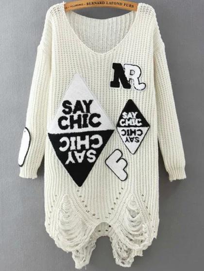 Romwe V Neck Ripped Patch White Sweater