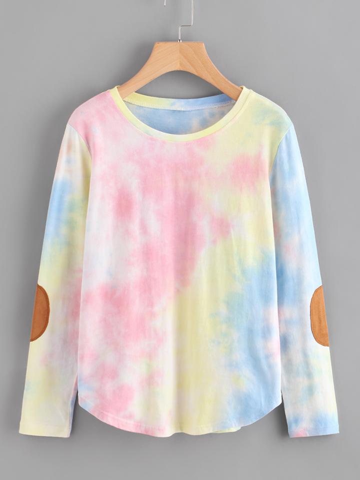 Romwe Contrast Elbow Patch Tie Dye Tee