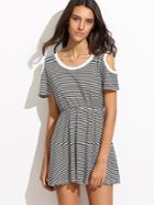 Romwe Black Striped Open Shoulder Contrast Trim Dress