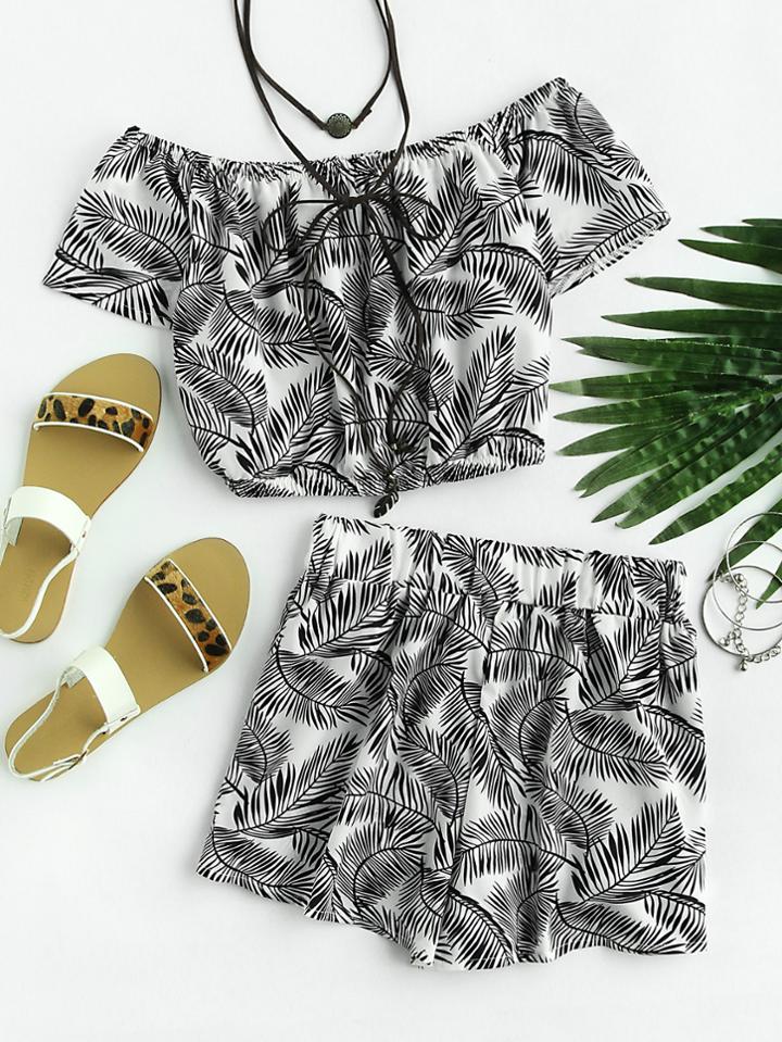 Romwe Off Shoulder Leaf Print Random Top And Shorts Set