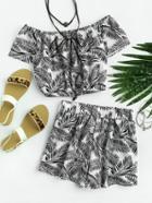 Romwe Off Shoulder Leaf Print Random Top And Shorts Set