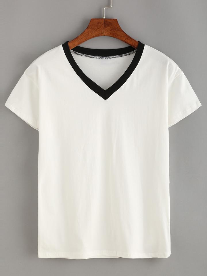 Romwe Black Round V-neck T-shirt