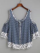 Romwe Navy Ornate Print Contrast Trim Cold Shoulder Top