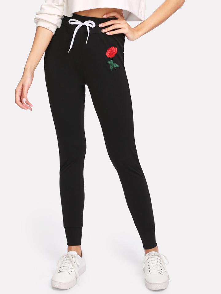 Romwe Rose Appliques Drawstring Skinny Pants