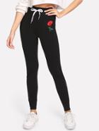 Romwe Rose Appliques Drawstring Skinny Pants
