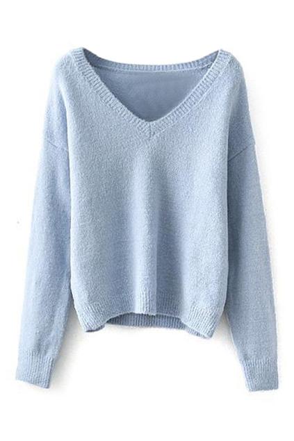 Romwe V Neck Light Blue Jumper