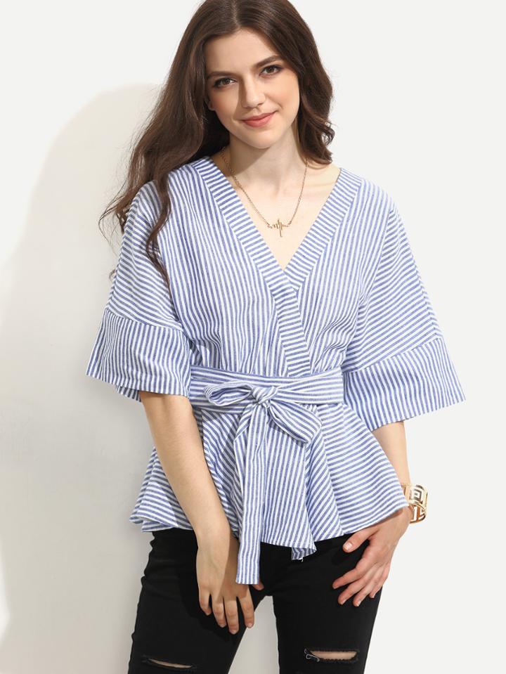 Romwe Blue Striped Tie Waist Surplice Blouse