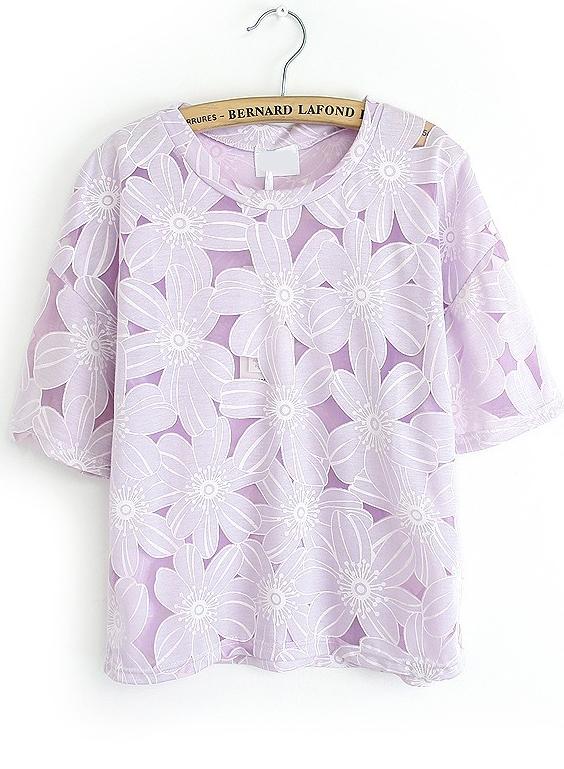 Romwe Round Neck Sheer Mesh Flower Purple Top