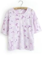 Romwe Round Neck Sheer Mesh Flower Purple Top