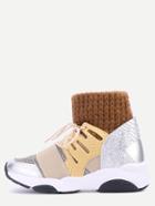 Romwe Beige Embossed Lace Up Knit Ankle Cuff Sneakers