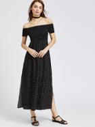 Romwe Black Polka Dot Off The Shoulder Slit Side Dress