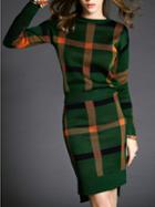 Romwe Green Long Sleeve Plaid Top With Knit Skirt Suits