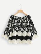 Romwe Scallop Trim Crochet Panel Embroidered Top