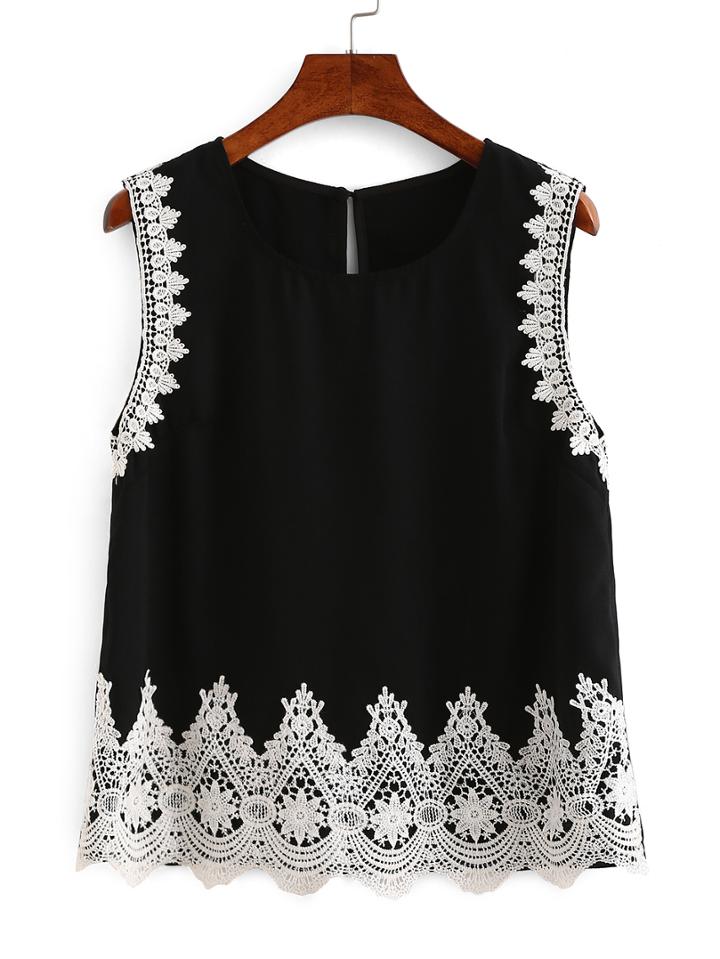 Romwe Lace Trimmed Keyhole Back Tank Top