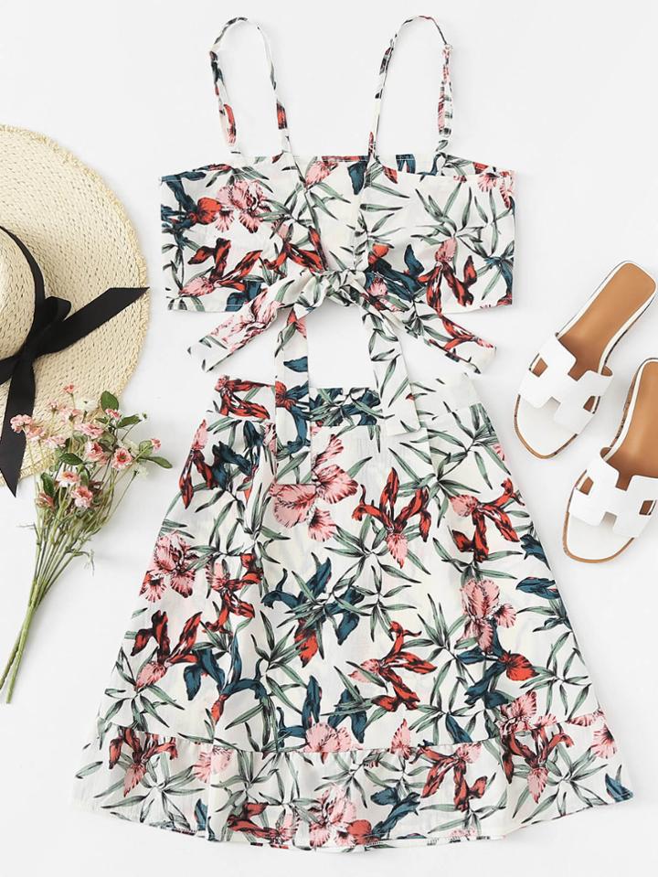 Romwe Knot Front Floral Print Crop Top With Skirt