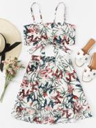 Romwe Knot Front Floral Print Crop Top With Skirt