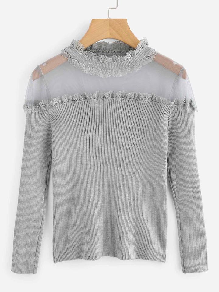 Romwe Frill Trim Sheer Mesh Yoke Ribbed Jumper