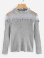 Romwe Frill Trim Sheer Mesh Yoke Ribbed Jumper