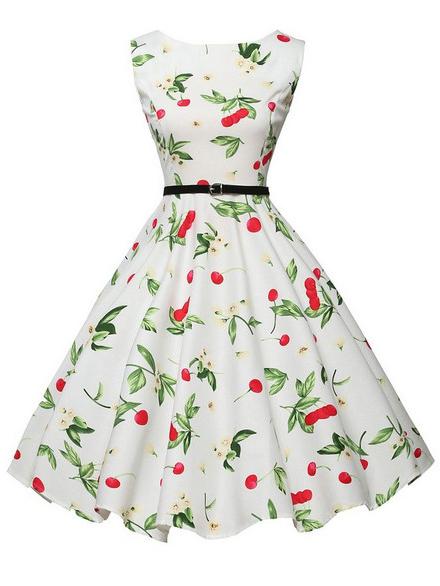 Romwe Belted Cherry Print Sleeveless Flare Dress - White