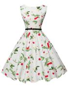Romwe Belted Cherry Print Sleeveless Flare Dress - White