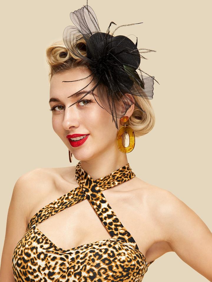 Romwe Mesh Bow Fascinator Hat With Feather