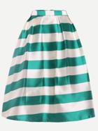 Romwe Green Striped Box Pleated Midi Skirt