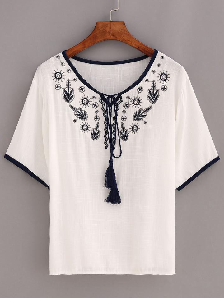 Romwe Contrast Trim Embroidered Tassel Tie-neck Top - White