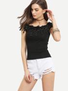 Romwe Lace Flower Patch Cap Sleeve T-shirt - Black