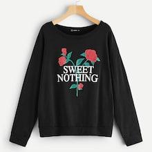 Romwe Plus Letter And Flower Print Sweatshirt
