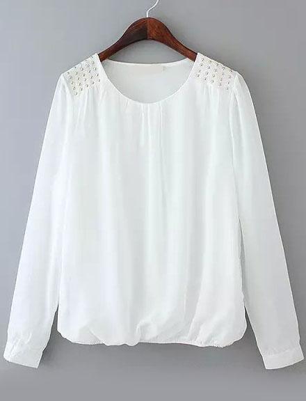 Romwe Round Neck With Rivet White Blouse