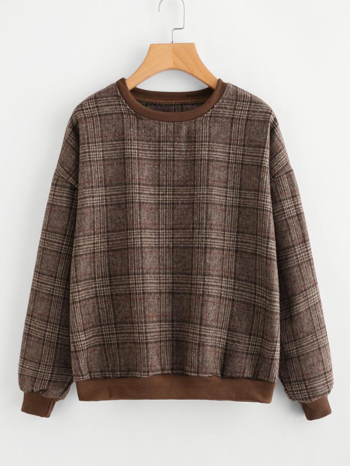 Romwe Contrast Ribbed Trim Glen Plaid Pullover