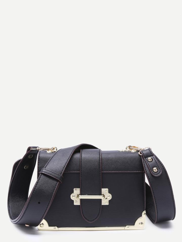 Romwe Black Contrast Metallic Trim Boxy Pu Shoulder Bag
