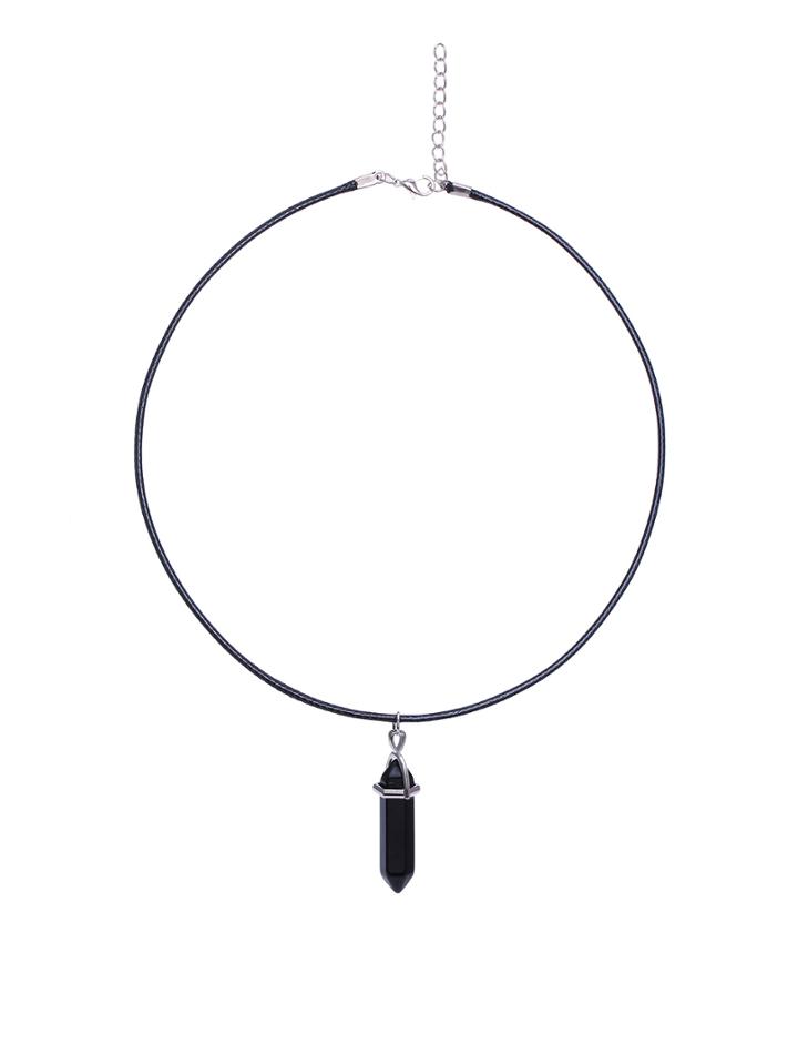 Romwe Black Faux Gemstone Pendant Rope Necklace