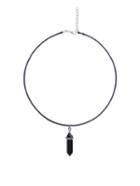 Romwe Black Faux Gemstone Pendant Rope Necklace