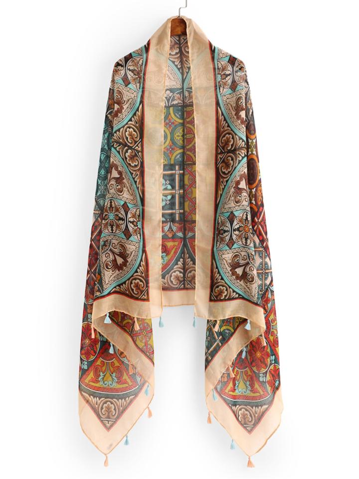 Romwe Mixed Print Tassel Trim Scarf