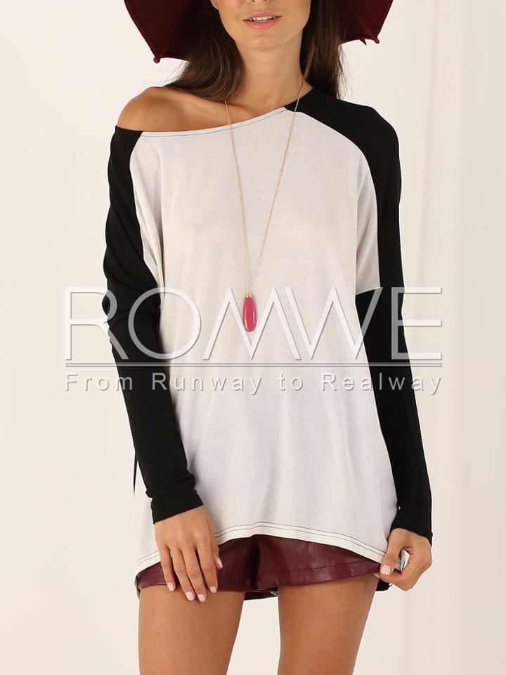Romwe White Black Long Sleeve Color Block T-shirt