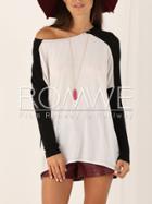 Romwe White Black Long Sleeve Color Block T-shirt
