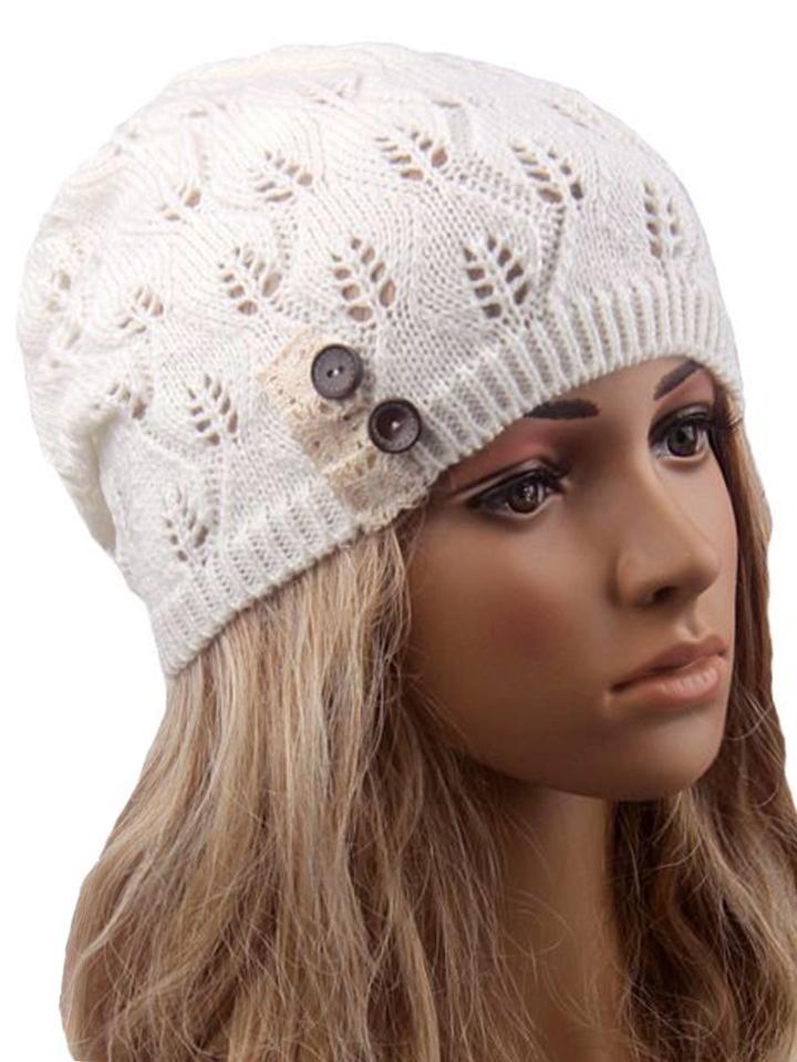 Romwe Contrast Lace Buttons Eyelet White Sweater Hat