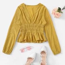 Romwe Elastic Waist Ruffle Hem Solid Blouse